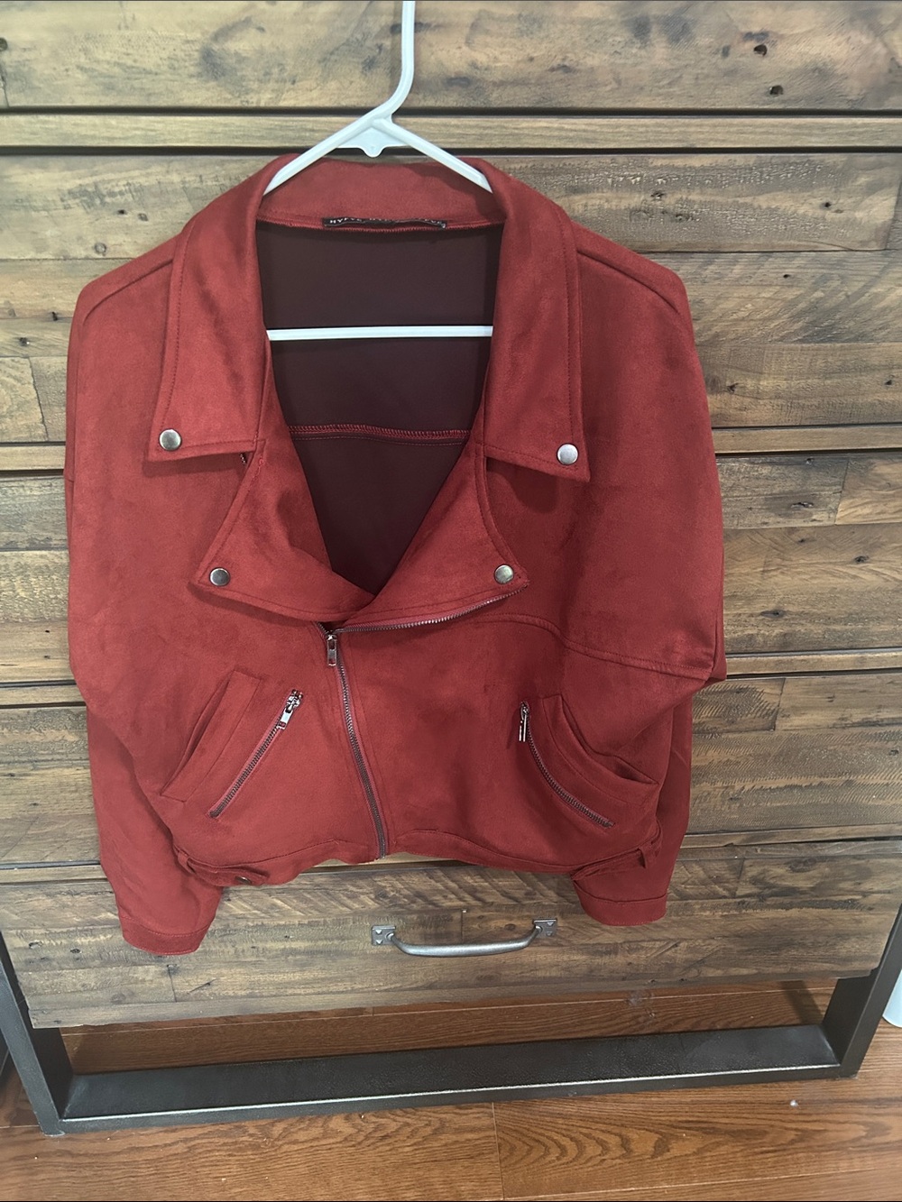HYFVE Suede-Like Moto Bomber Jacket. Brick Red.